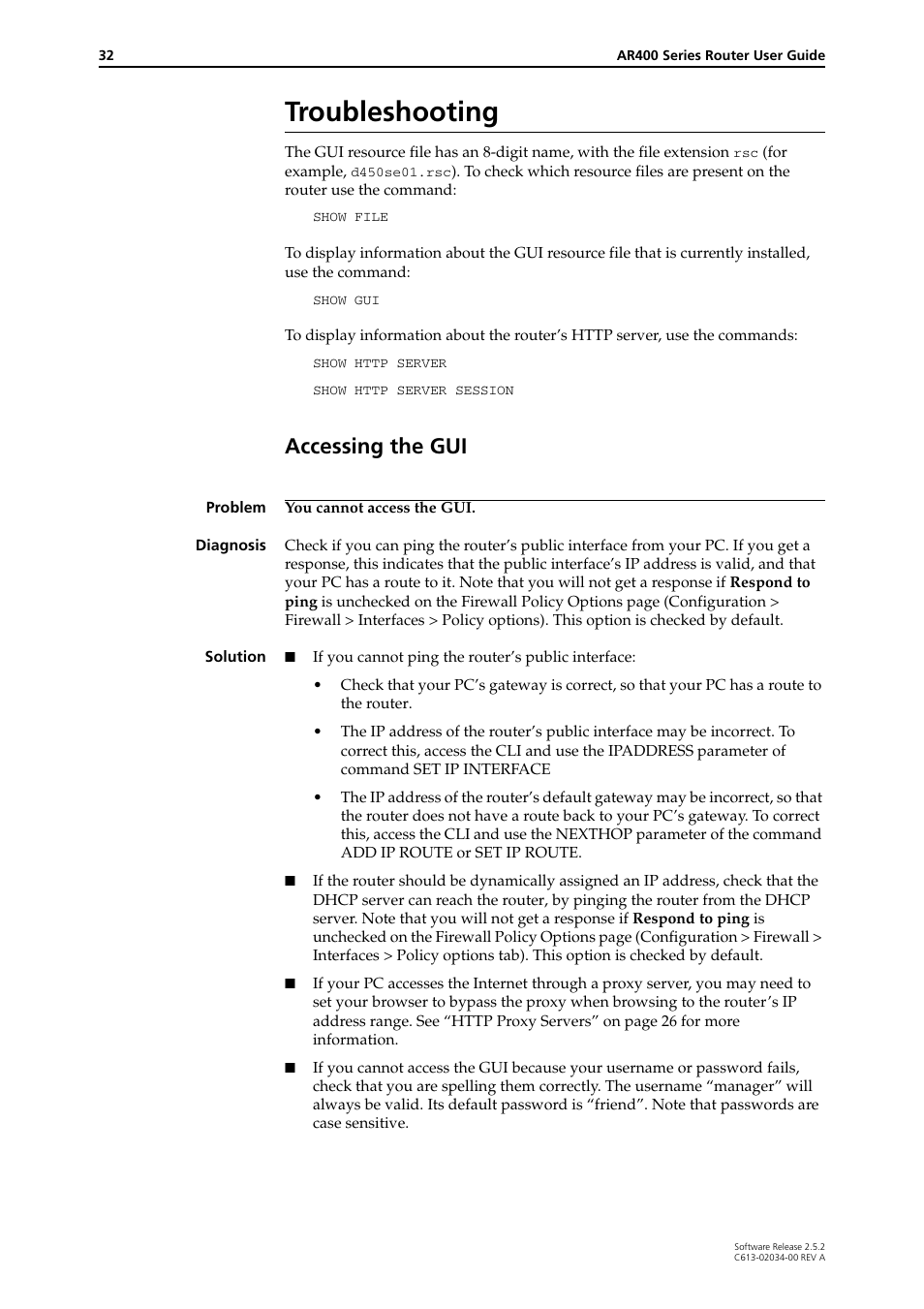 Troubleshooting, Accessing the gui | Allied Telesis AR400 Series Router User Manual | Page 32 / 119