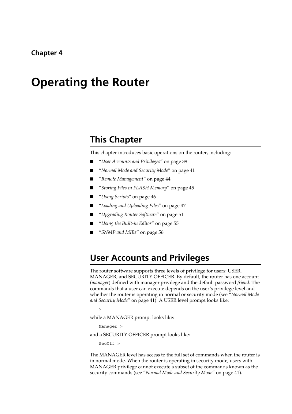 Operating the router, This chapter, User accounts and privileges | Chapter 4, Operating the, Router, This chapter user accounts and privileges, Chapter 4, operating the router int | Allied Telesis AR400 Series Router User Manual | Page 39 / 119