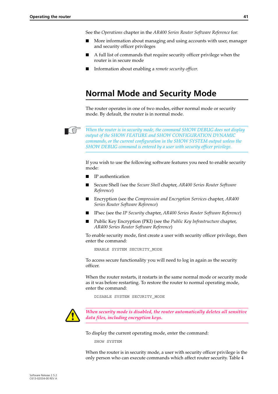 Normal mode and security mode | Allied Telesis AR400 Series Router User Manual | Page 41 / 119