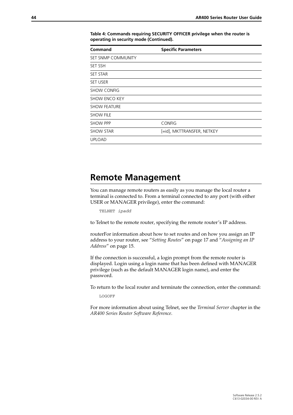 Remote management | Allied Telesis AR400 Series Router User Manual | Page 44 / 119