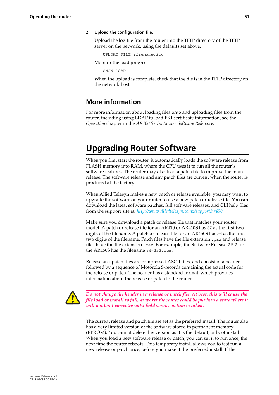 Upgrading router software, More information | Allied Telesis AR400 Series Router User Manual | Page 51 / 119