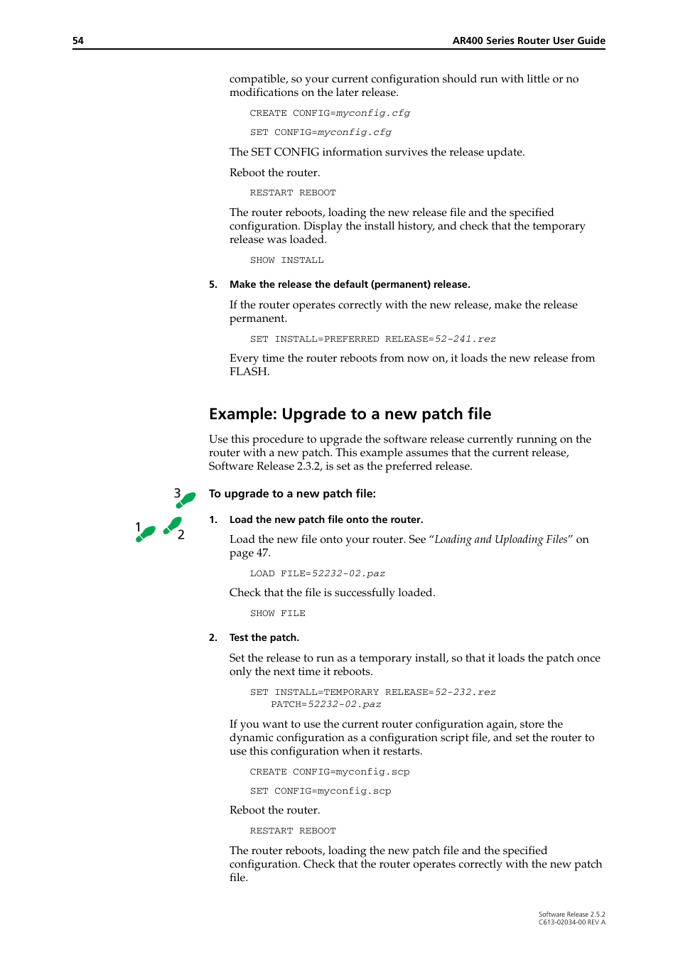 Example: upgrade to a new patch file | Allied Telesis AR400 Series Router User Manual | Page 54 / 119