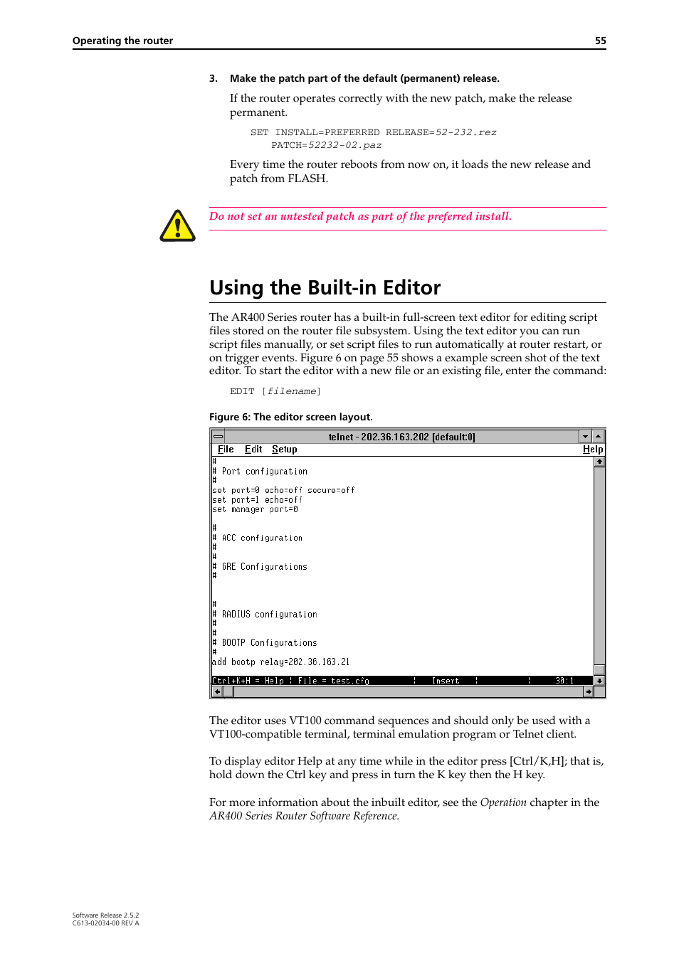 Using the built-in editor | Allied Telesis AR400 Series Router User Manual | Page 55 / 119