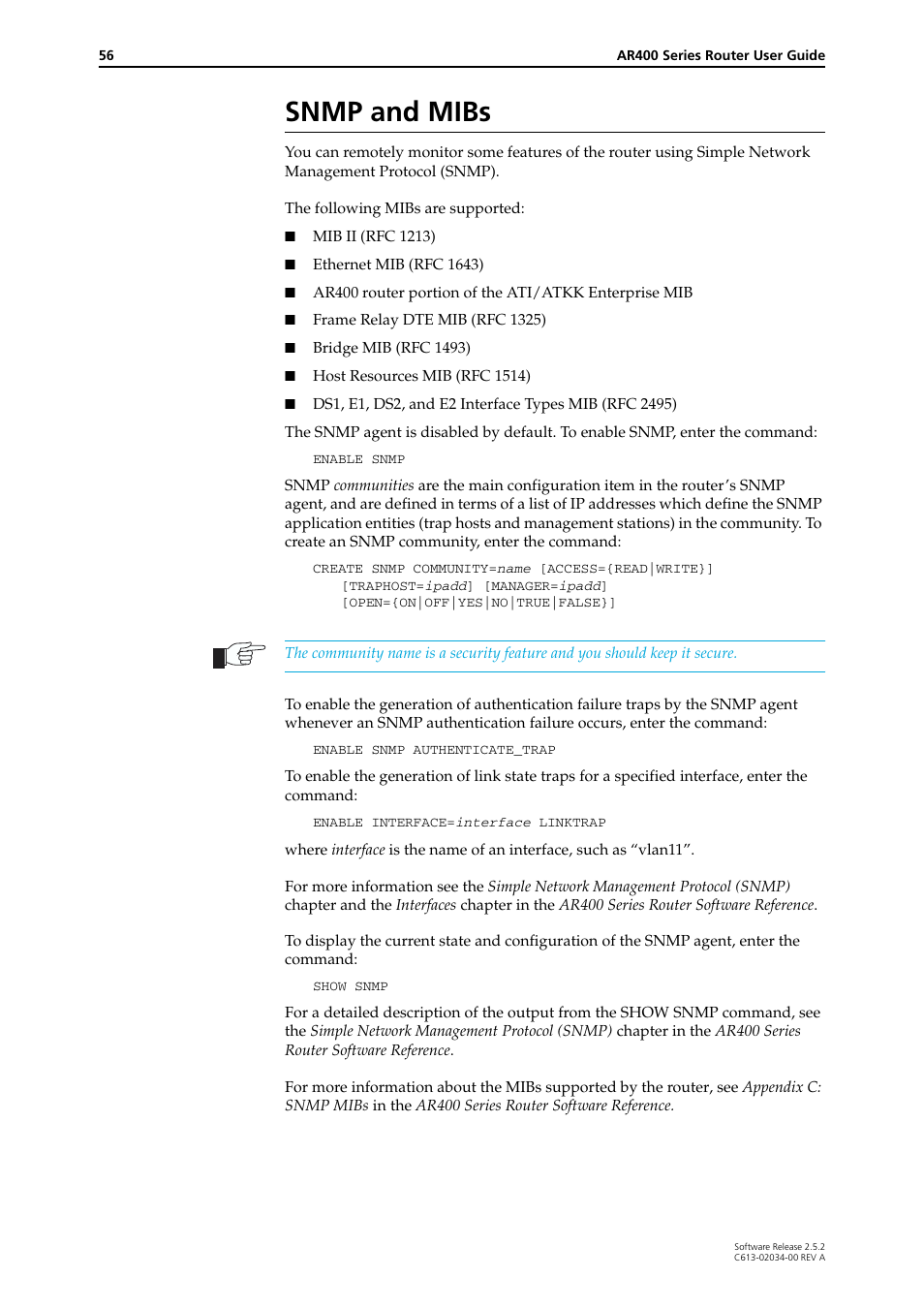 Snmp and mibs | Allied Telesis AR400 Series Router User Manual | Page 56 / 119