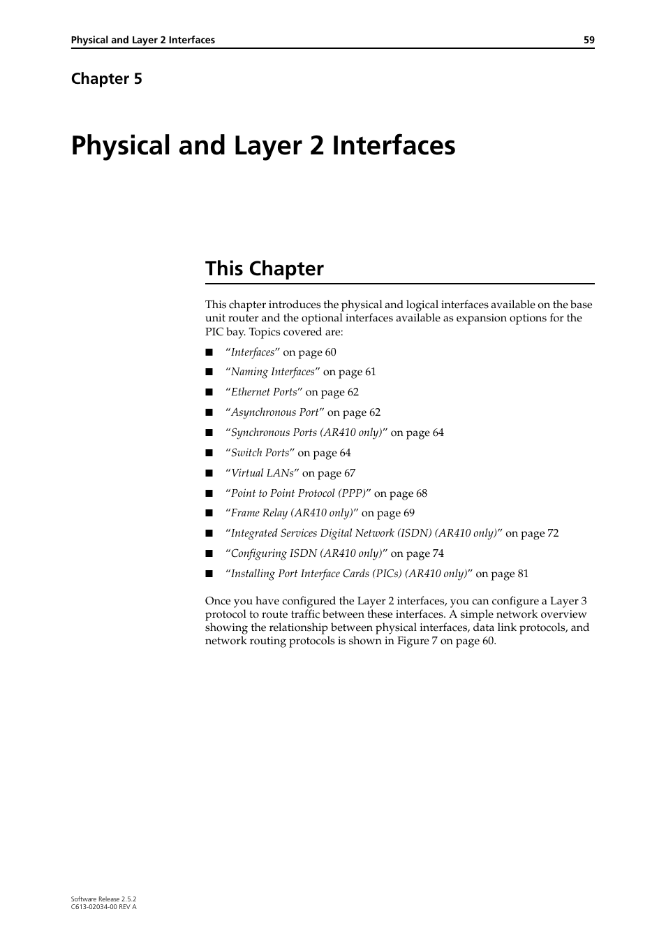 Physical and layer 2 interfaces, This chapter, Chapter 5 | Chapter 5, physical and layer 2 interfaces | Allied Telesis AR400 Series Router User Manual | Page 59 / 119