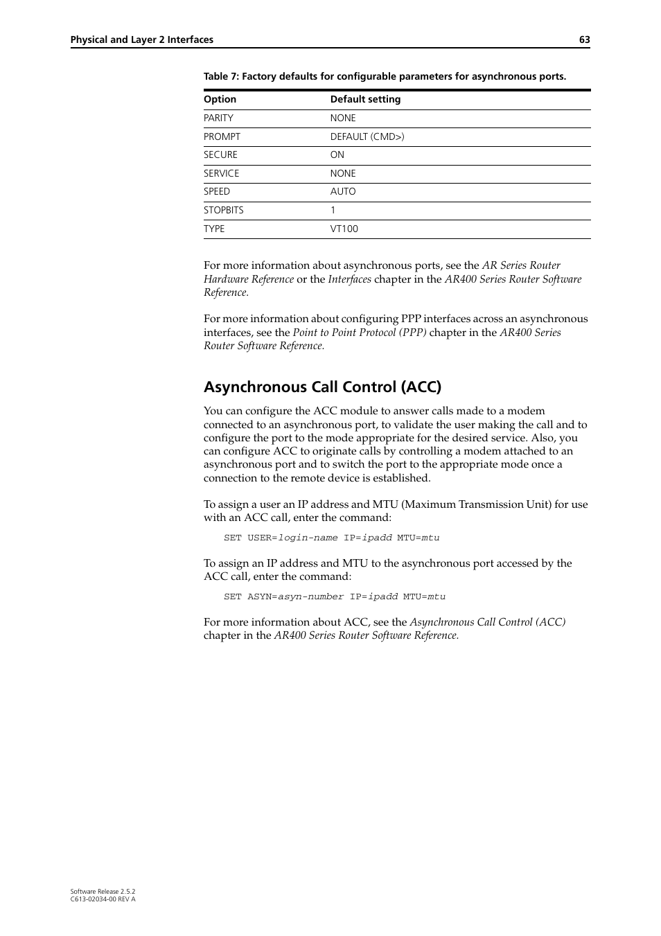 Asynchronous call control (acc) | Allied Telesis AR400 Series Router User Manual | Page 63 / 119