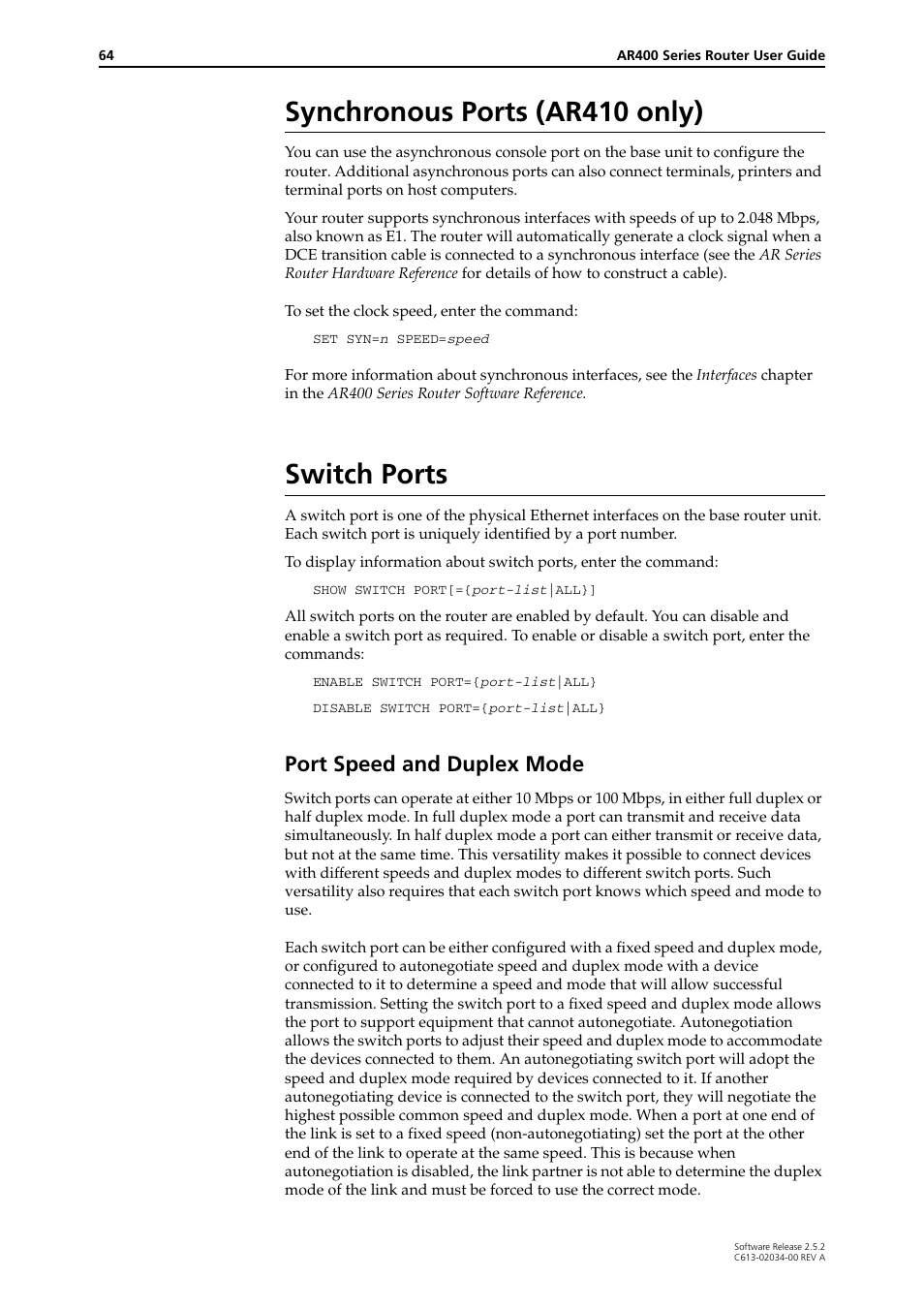 Synchronous ports (ar410 only), Switch ports, Synchronous ports (ar410 only) switch ports | Port speed and duplex mode | Allied Telesis AR400 Series Router User Manual | Page 64 / 119