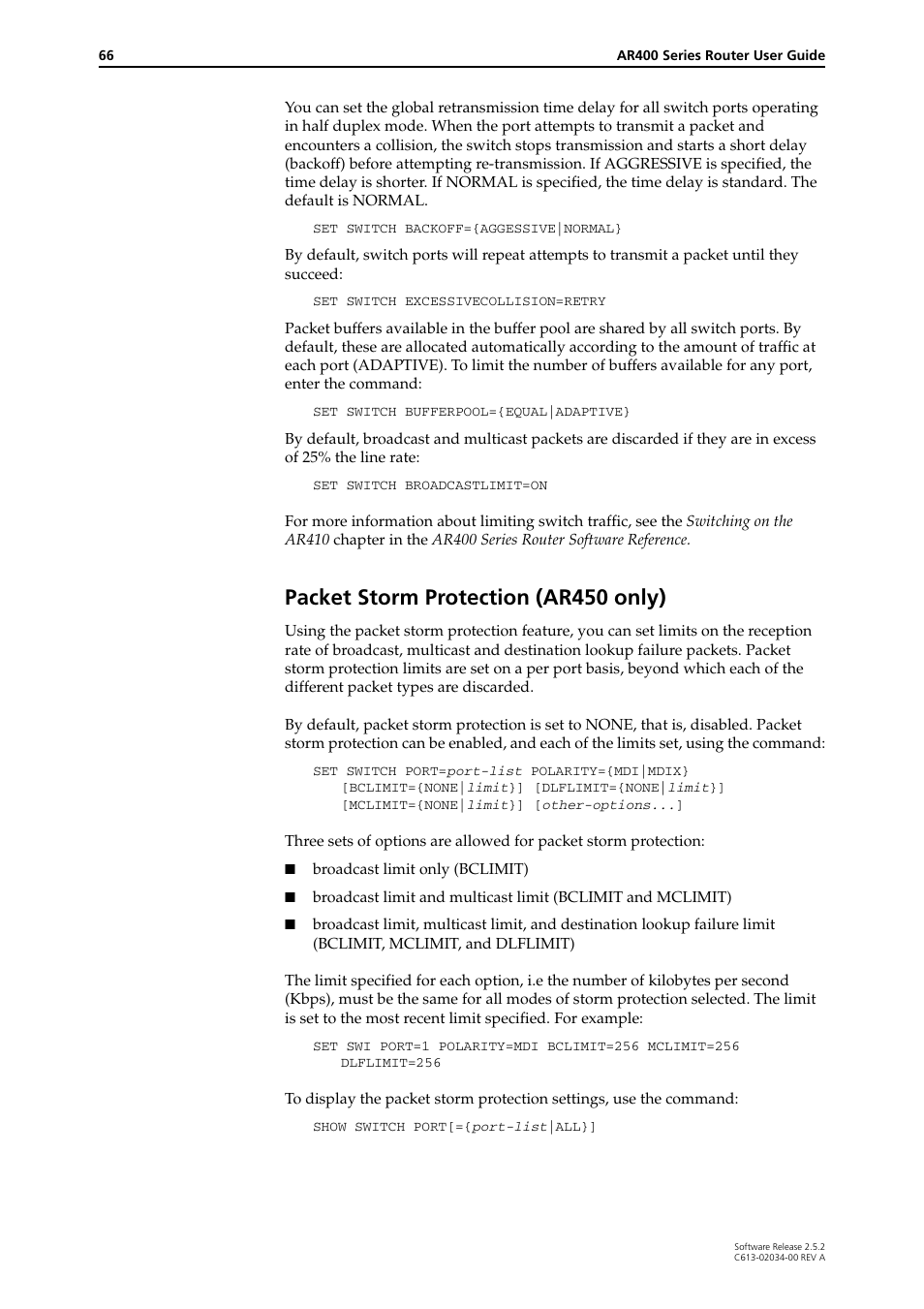 Packet storm protection (ar450 only) | Allied Telesis AR400 Series Router User Manual | Page 66 / 119