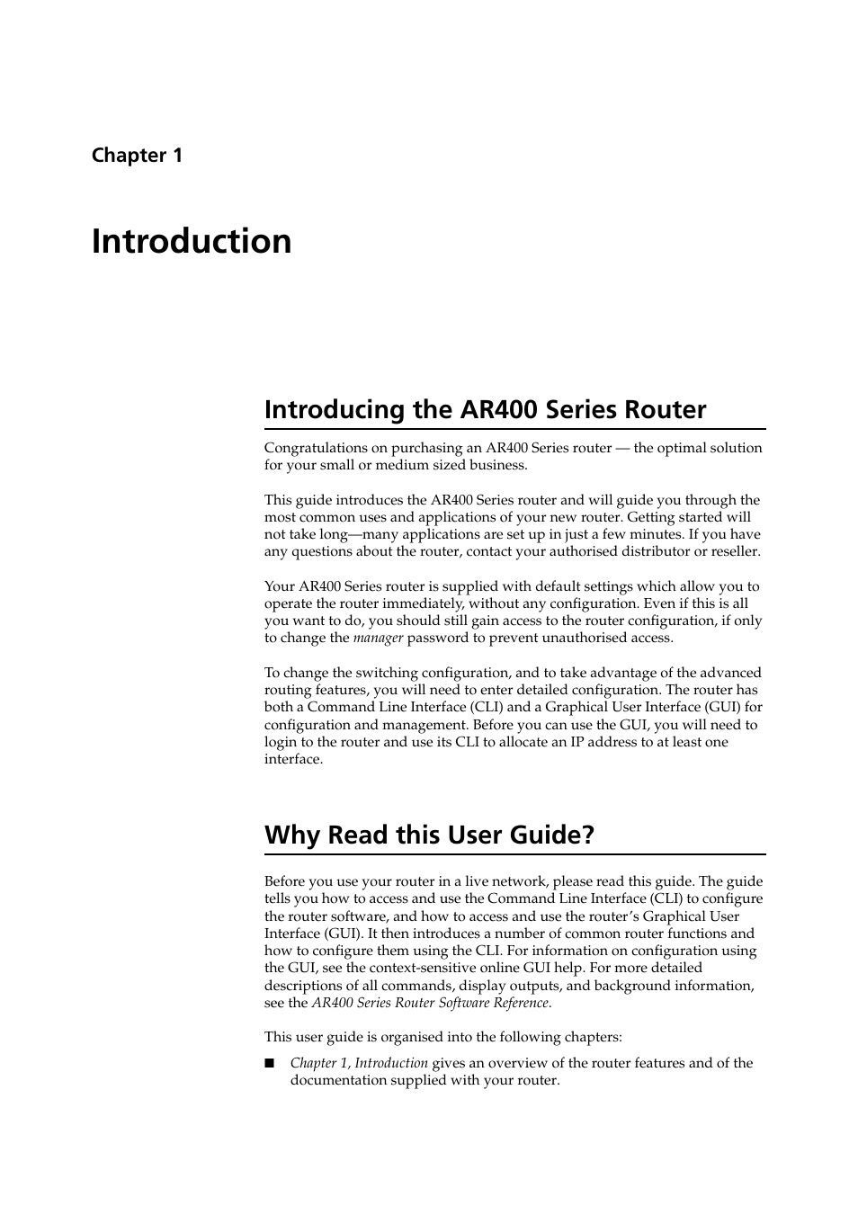 Introduction, Introducing the ar400 series router, Why read this user guide | Chapter 1 | Allied Telesis AR400 Series Router User Manual | Page 7 / 119