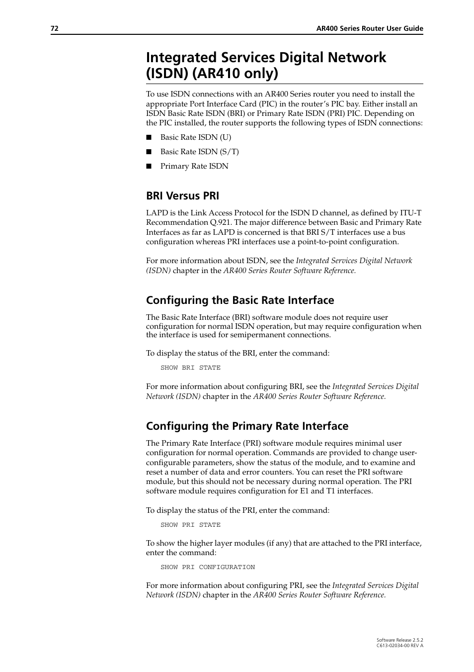 Bri versus pri, Configuring the basic rate interface, Configuring the primary rate interface | Allied Telesis AR400 Series Router User Manual | Page 72 / 119