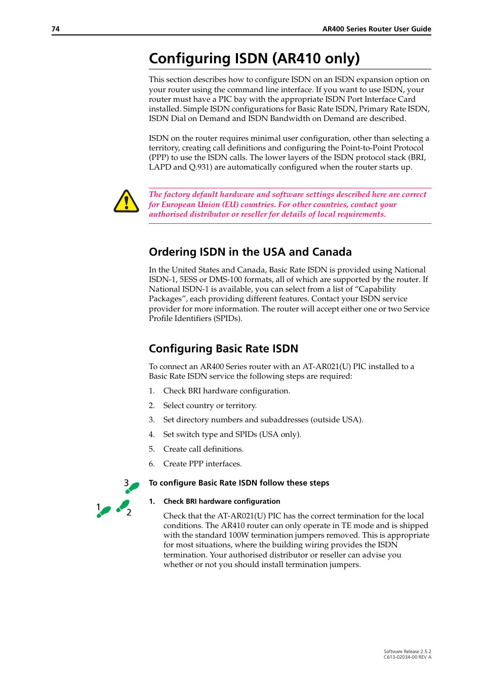 Configuring isdn (ar410 only), Ordering isdn in the usa and canada, Configuring basic rate isdn | Allied Telesis AR400 Series Router User Manual | Page 74 / 119