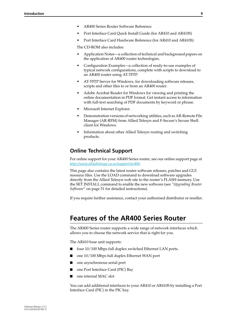 Features of the ar400 series router, Online technical support | Allied Telesis AR400 Series Router User Manual | Page 9 / 119