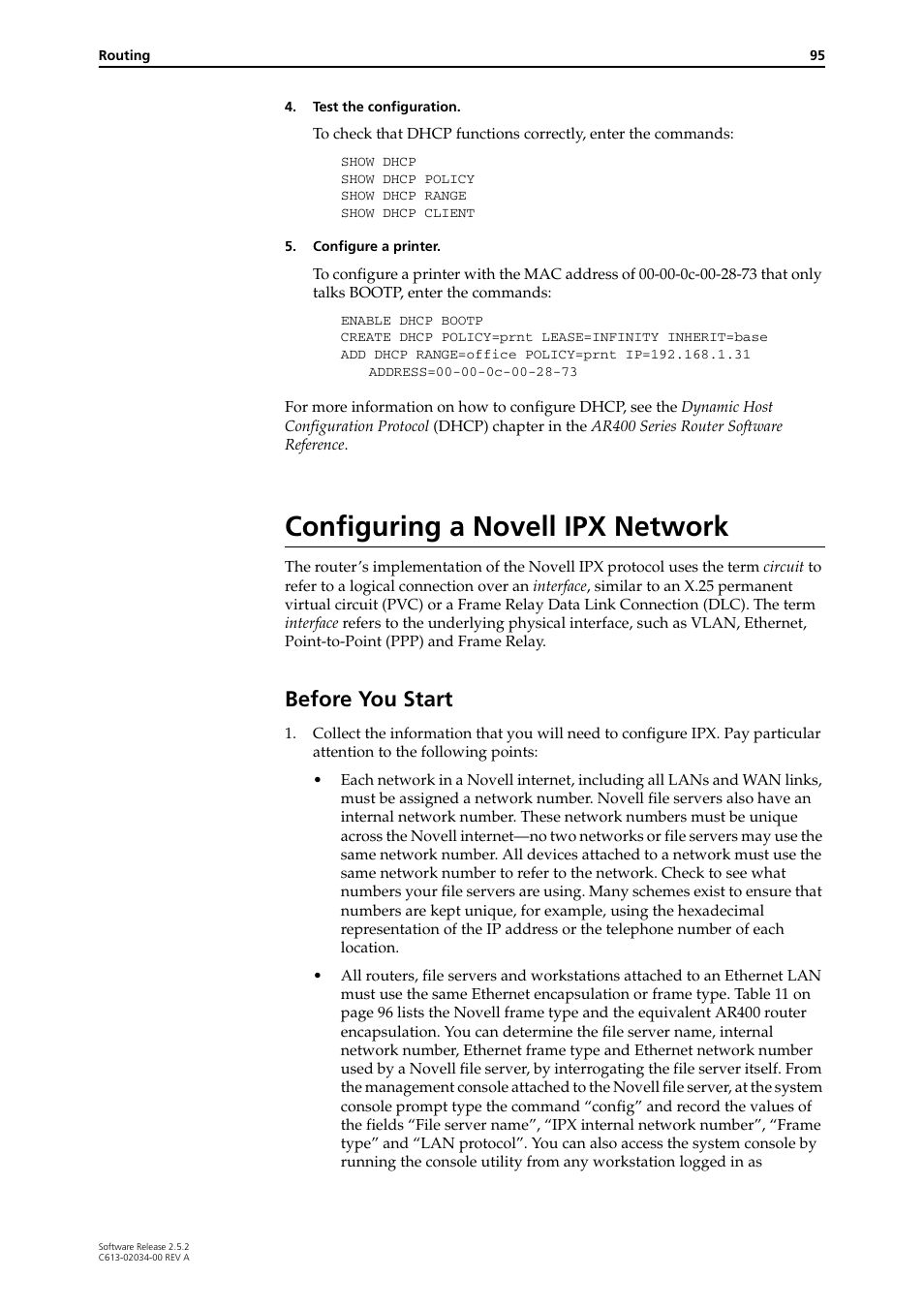 Configuring a novell ipx network, Before you start | Allied Telesis AR400 Series Router User Manual | Page 95 / 119