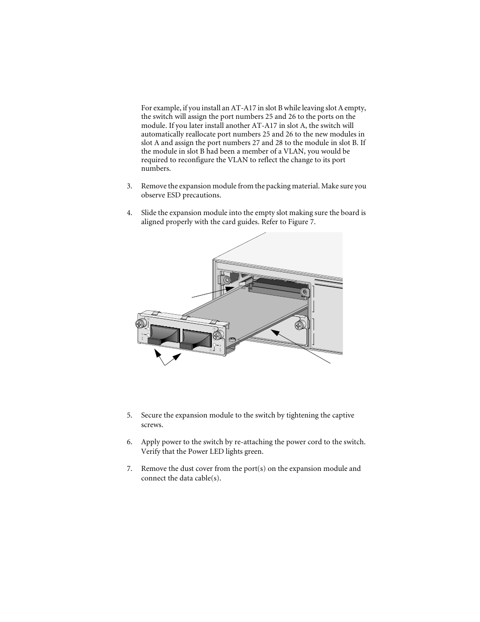 Figure 7 installing an expansion module, Overview 6, Board card guide dust covers | Allied Telesis AT-A19 User Manual | Page 12 / 32