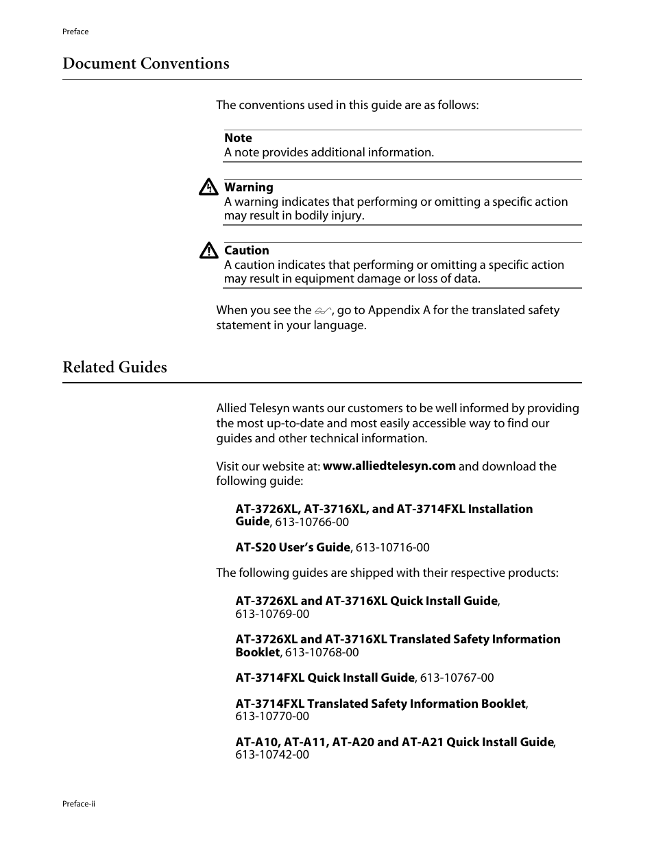 Document conventions, Related guides | Allied Telesis AT-3714FXL User Manual | Page 10 / 56