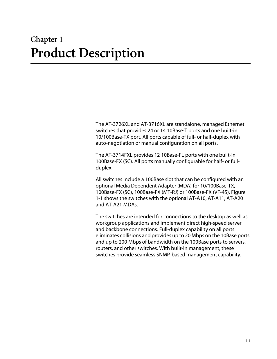 Chapter1, Product description, Chapter 1 | Chapter 1, product description | Allied Telesis AT-3714FXL User Manual | Page 11 / 56