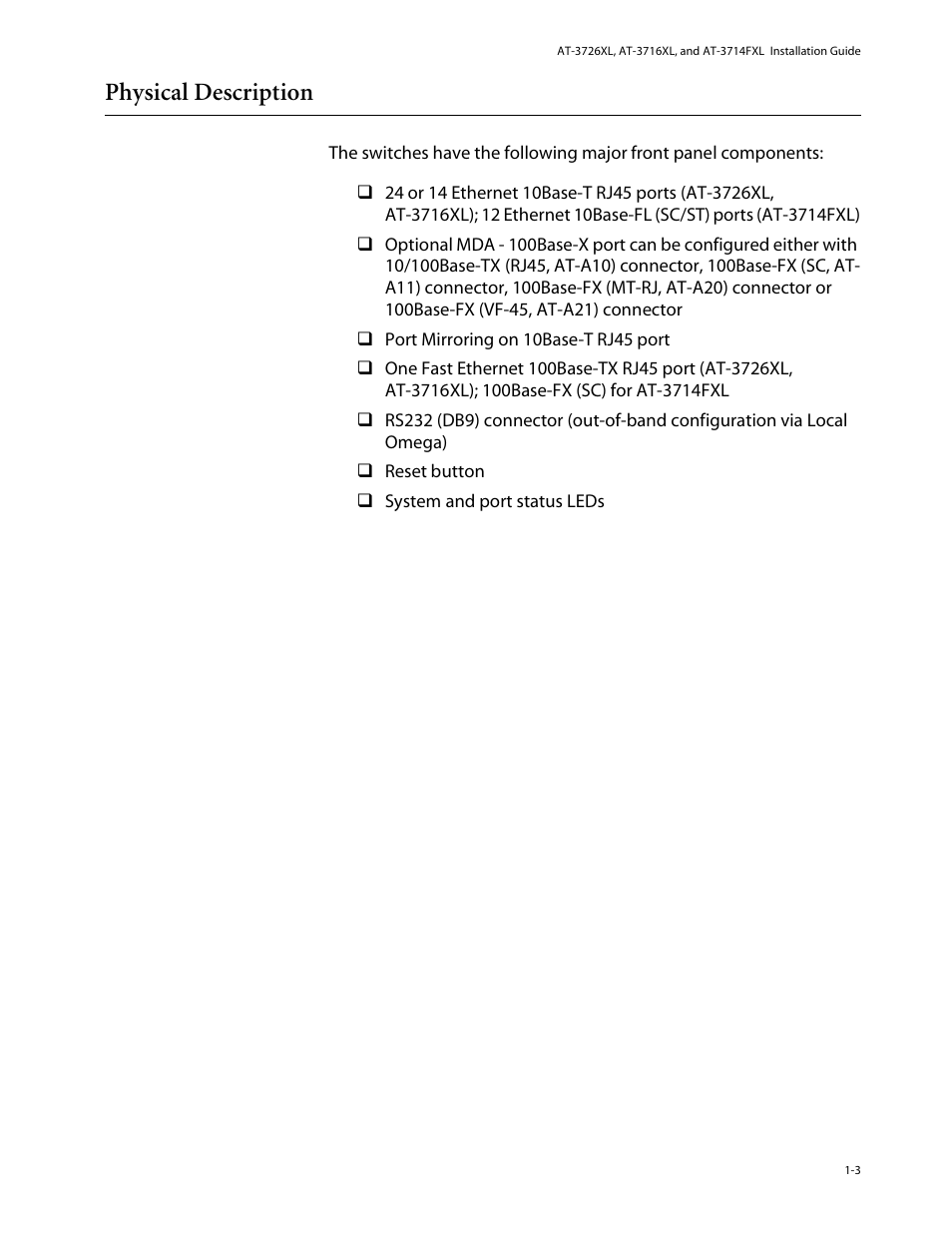 Physical description, Physical description -3 | Allied Telesis AT-3714FXL User Manual | Page 13 / 56