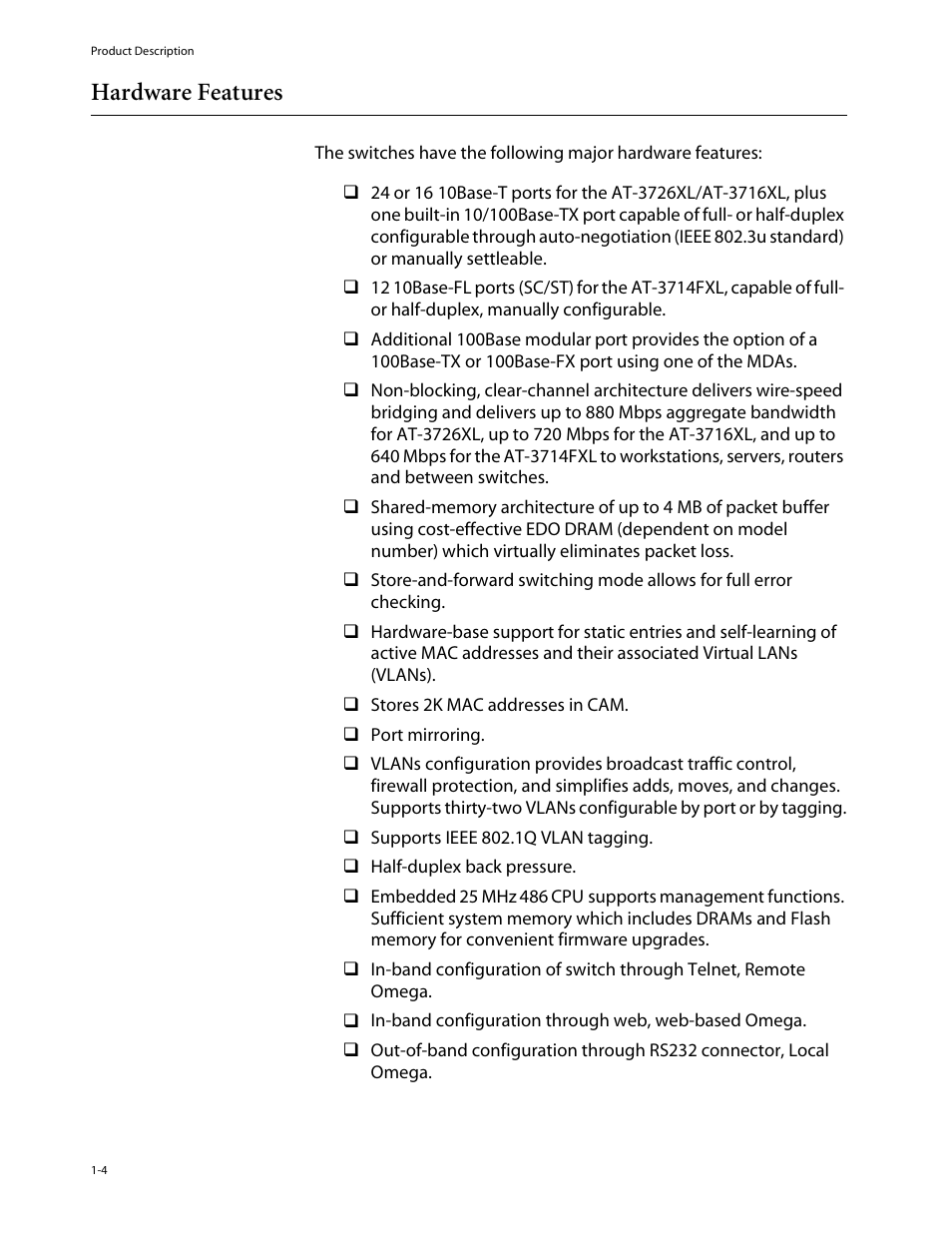 Hardware features, Hardware features -4 | Allied Telesis AT-3714FXL User Manual | Page 14 / 56