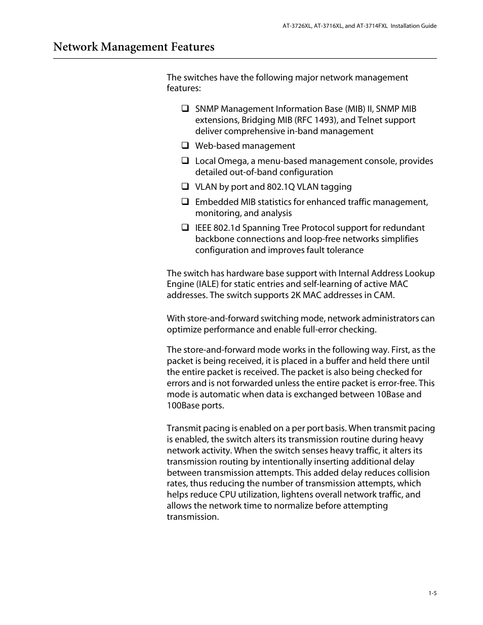 Network management features, Mac addressing, Store-and- forward mode | Transmit pacing, Network management features -5 | Allied Telesis AT-3714FXL User Manual | Page 15 / 56