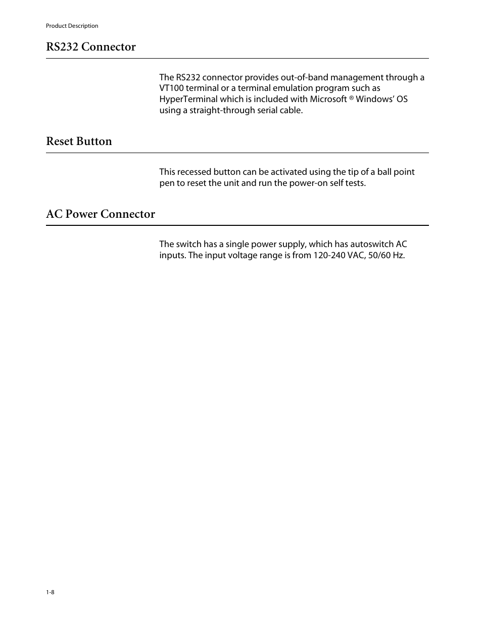 Rs232 connector, Reset button, Ac power connector | Allied Telesis AT-3714FXL User Manual | Page 18 / 56