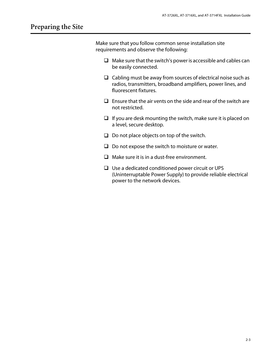 Preparing the site, Preparing the site -3 | Allied Telesis AT-3714FXL User Manual | Page 21 / 56