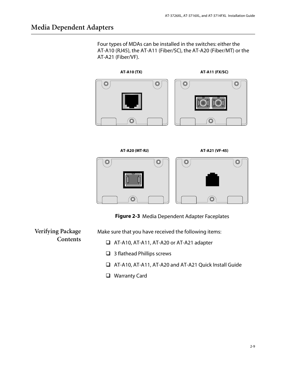 Media dependent adapters, Verifying package contents, Media dependent adapters -9 | Verifying package contents -9 | Allied Telesis AT-3714FXL User Manual | Page 27 / 56