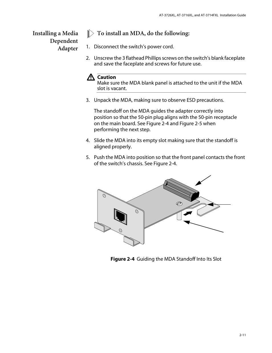 Installing a media dependent adapter, Installing a media dependent adapter -11 | Allied Telesis AT-3714FXL User Manual | Page 29 / 56