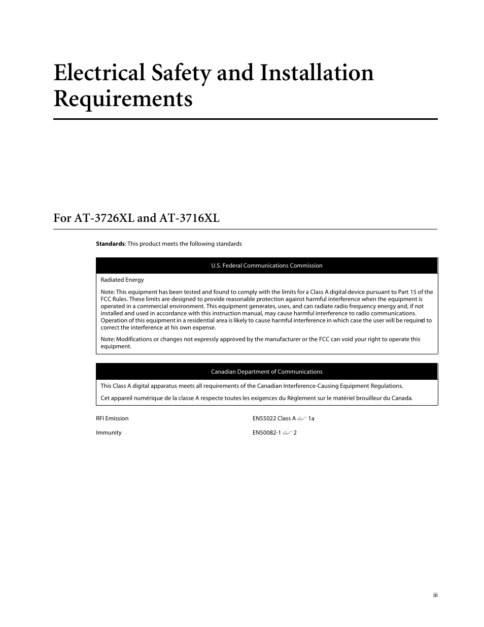 Electrical safety and installation requirements, For at-3726xl and at-3716xl | Allied Telesis AT-3714FXL User Manual | Page 3 / 56