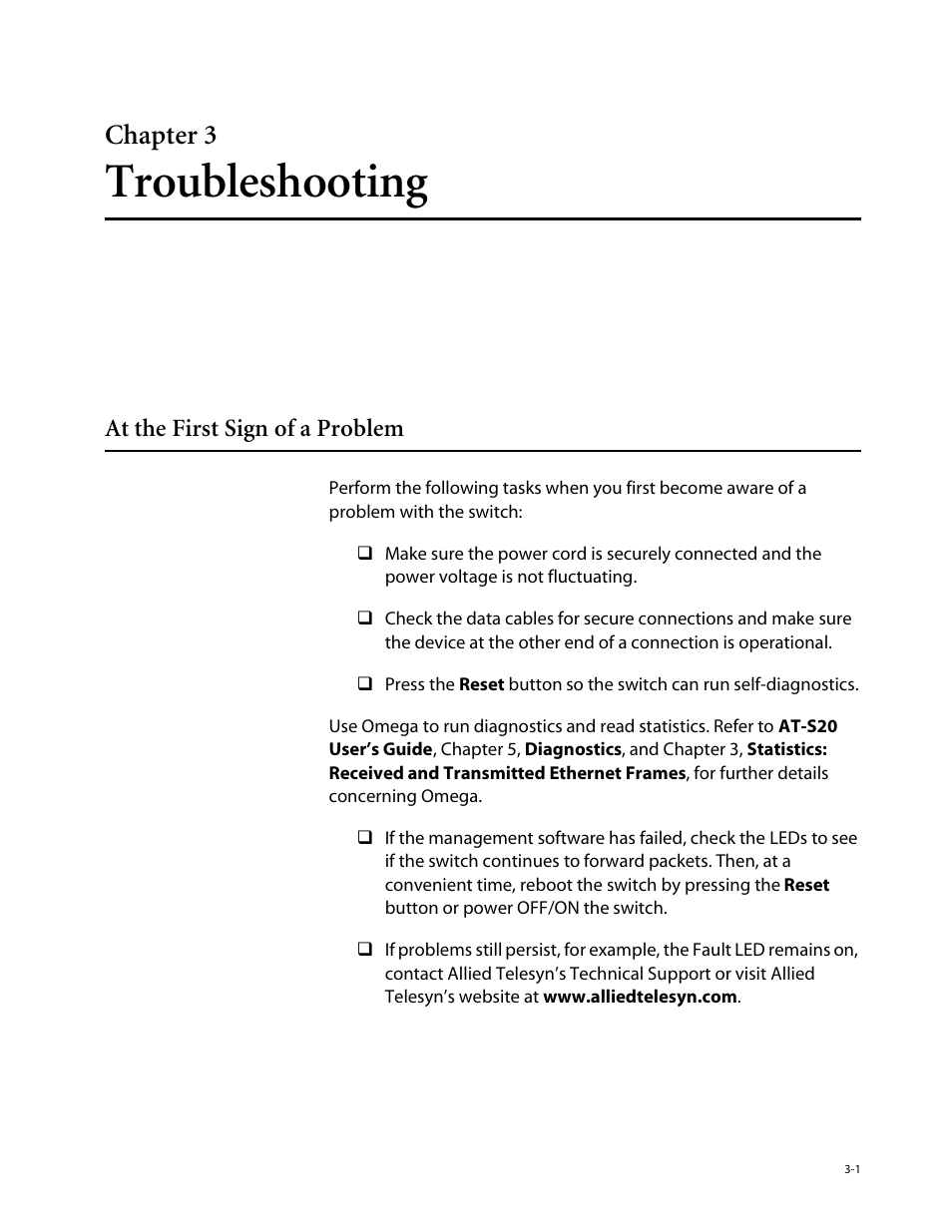 Chapter 3, Troubleshooting, At the first sign of a problem | At the first sign of a problem -1, Chapter 3, troubleshooting | Allied Telesis AT-3714FXL User Manual | Page 31 / 56