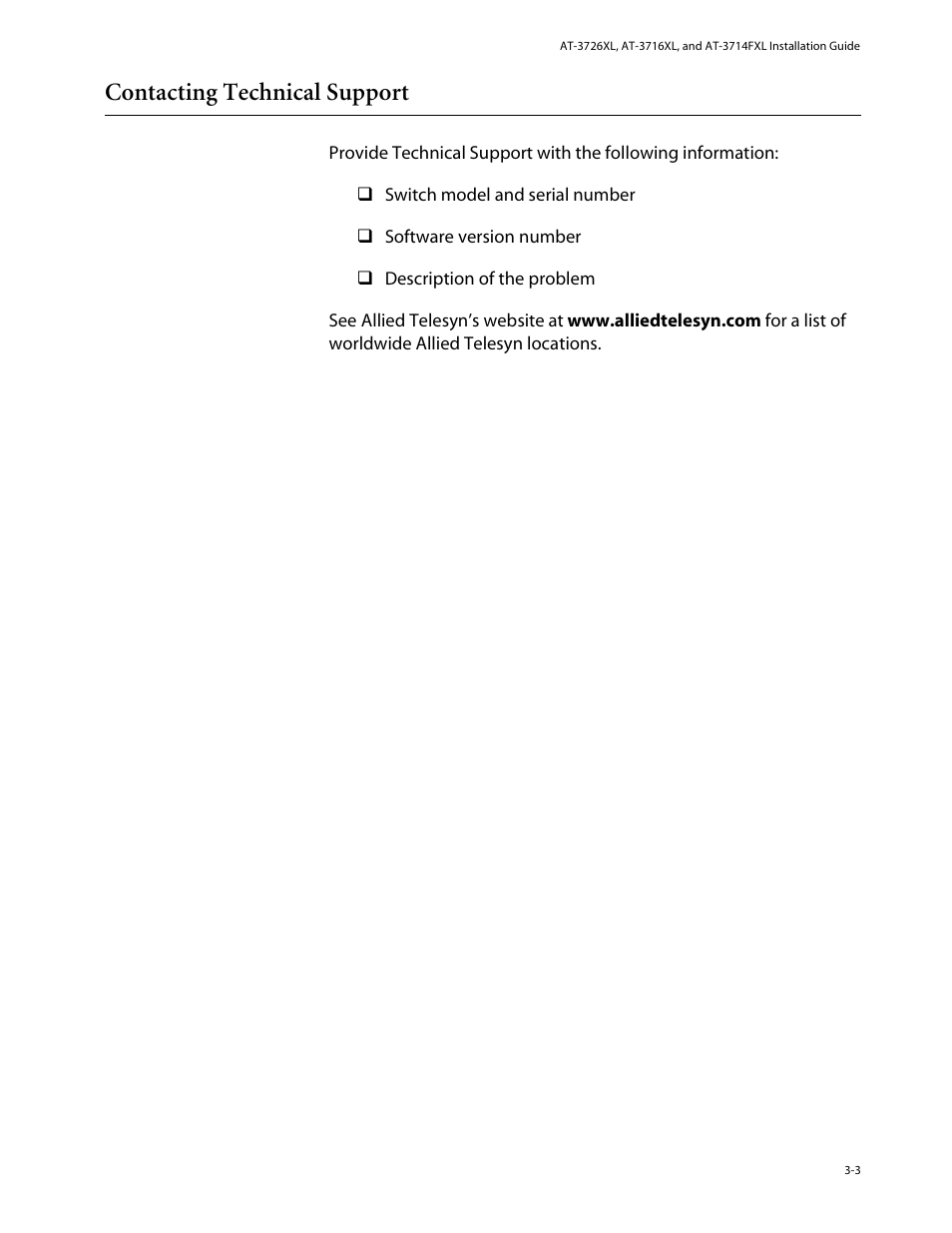 Contacting technical support, Contacting technical support -3 | Allied Telesis AT-3714FXL User Manual | Page 33 / 56