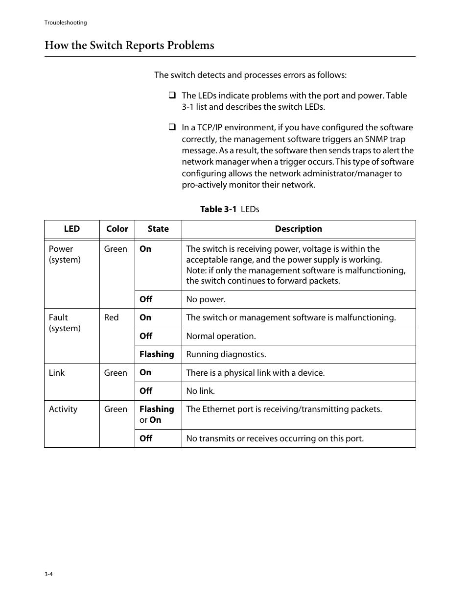 How the switch reports problems, How the switch reports problems -4 | Allied Telesis AT-3714FXL User Manual | Page 34 / 56