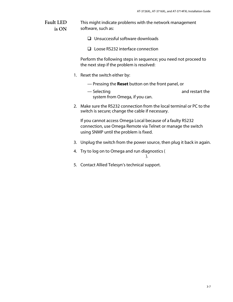 Fault led is on, Fault led is on -7 | Allied Telesis AT-3714FXL User Manual | Page 37 / 56