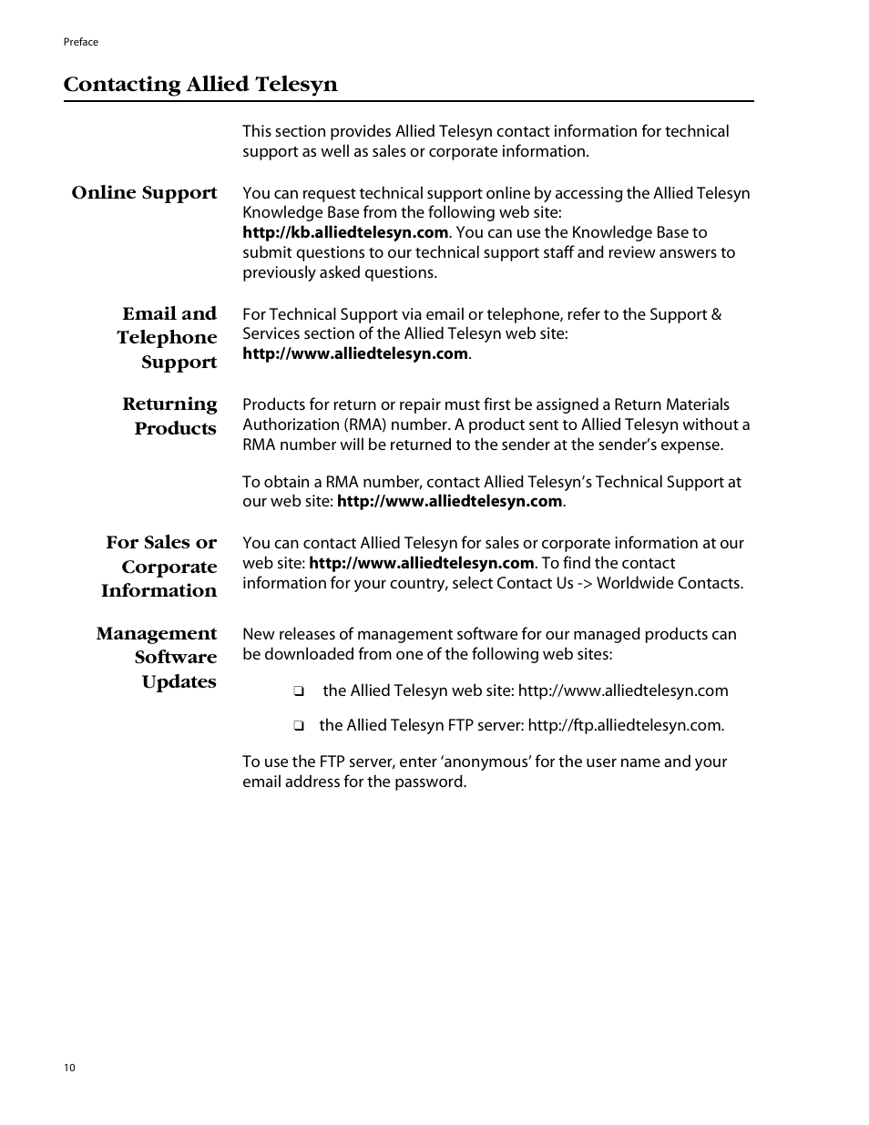 Contacting allied telesyn, Online support, Email and telephone support | Returning products, For sales or corporate information, Management software updates | Allied Telesis AT-8088/xx (MT and SC) User Manual | Page 10 / 115