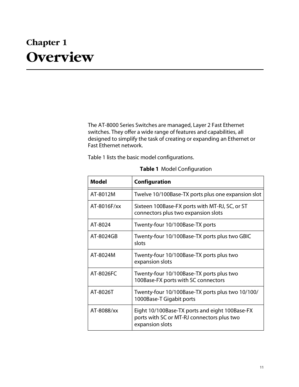 Chapter 1, Overview | Allied Telesis AT-8088/xx (MT and SC) User Manual | Page 11 / 115