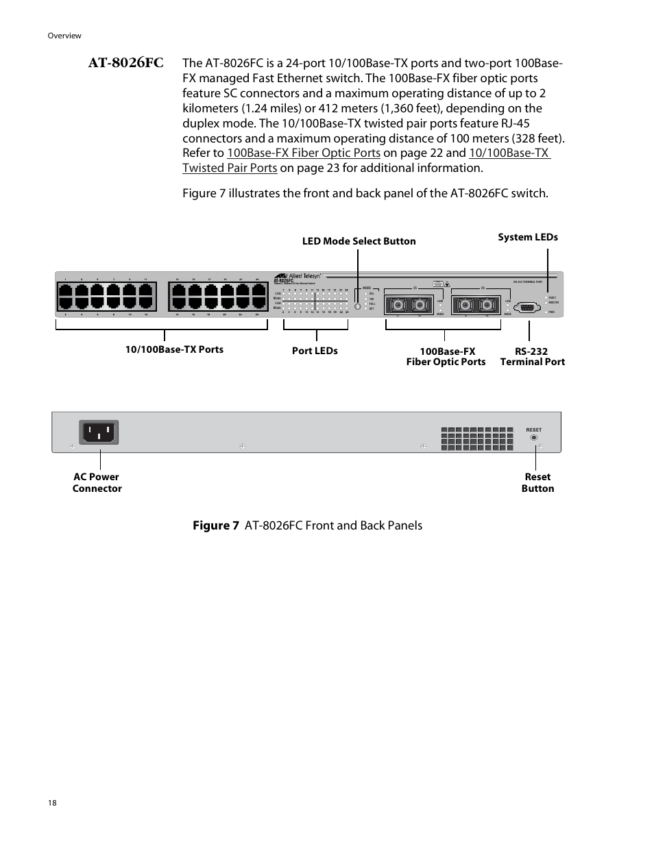 At-8026fc, Ac power connector reset button, Class 1 laser product do not stare into beam | Allied Telesis AT-8088/xx (MT and SC) User Manual | Page 18 / 115