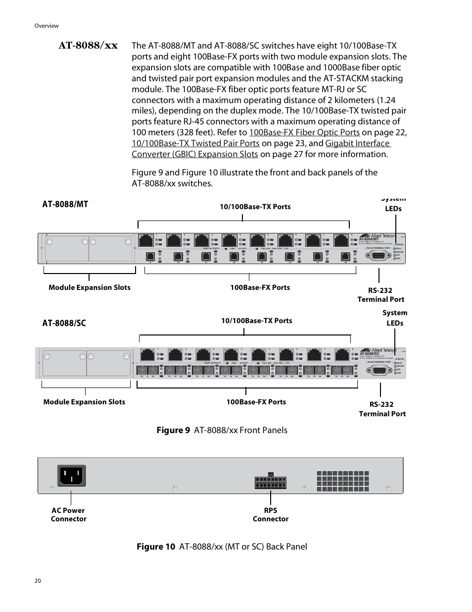 At-8088/xx, At-8088/mt, At-8088/sc | Ac power connector rps connector, Overview 20 | Allied Telesis AT-8088/xx (MT and SC) User Manual | Page 20 / 115