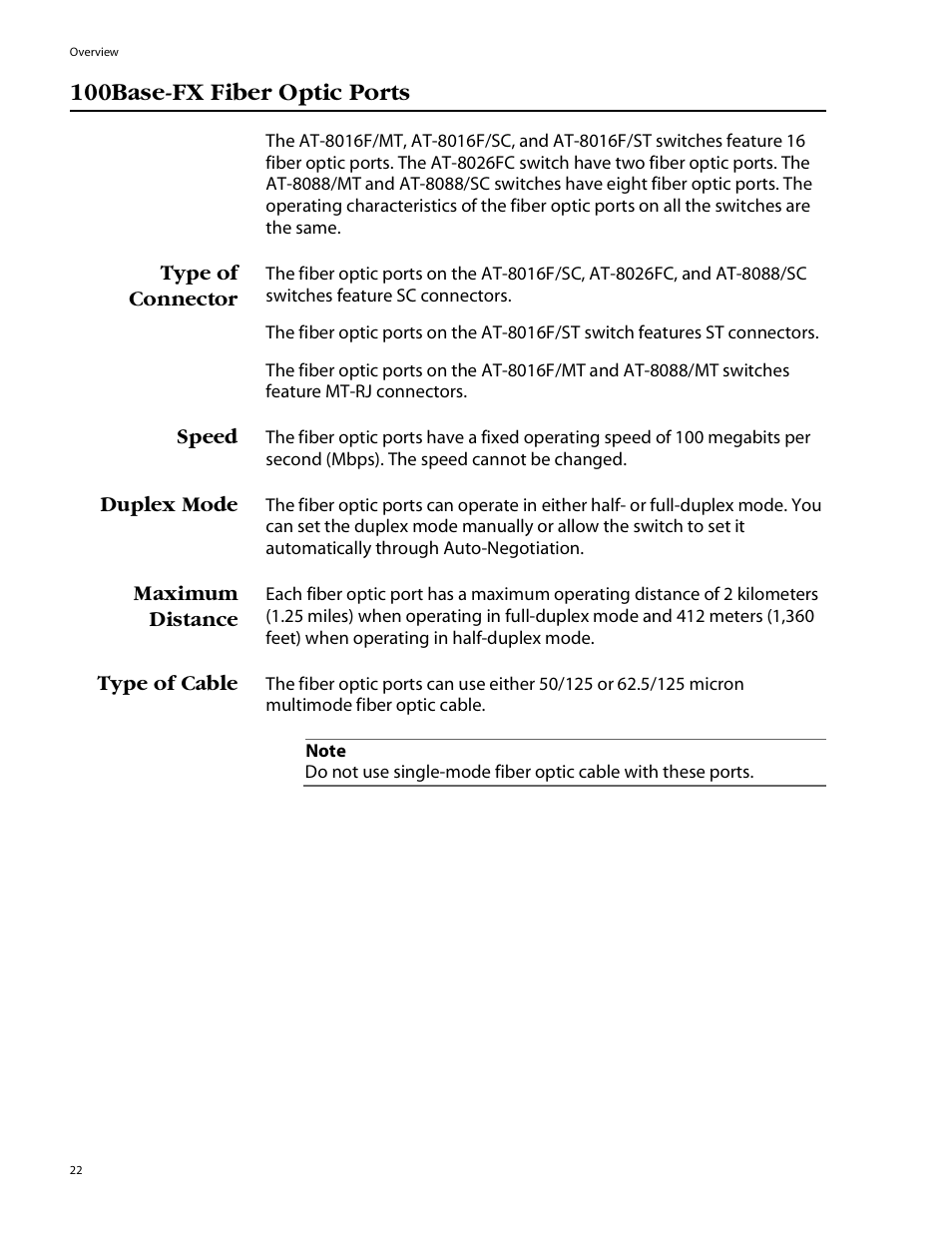 100base-fx fiber optic ports, Type of connector, Speed | Duplex mode, Maximum distance, Type of cable | Allied Telesis AT-8088/xx (MT and SC) User Manual | Page 22 / 115