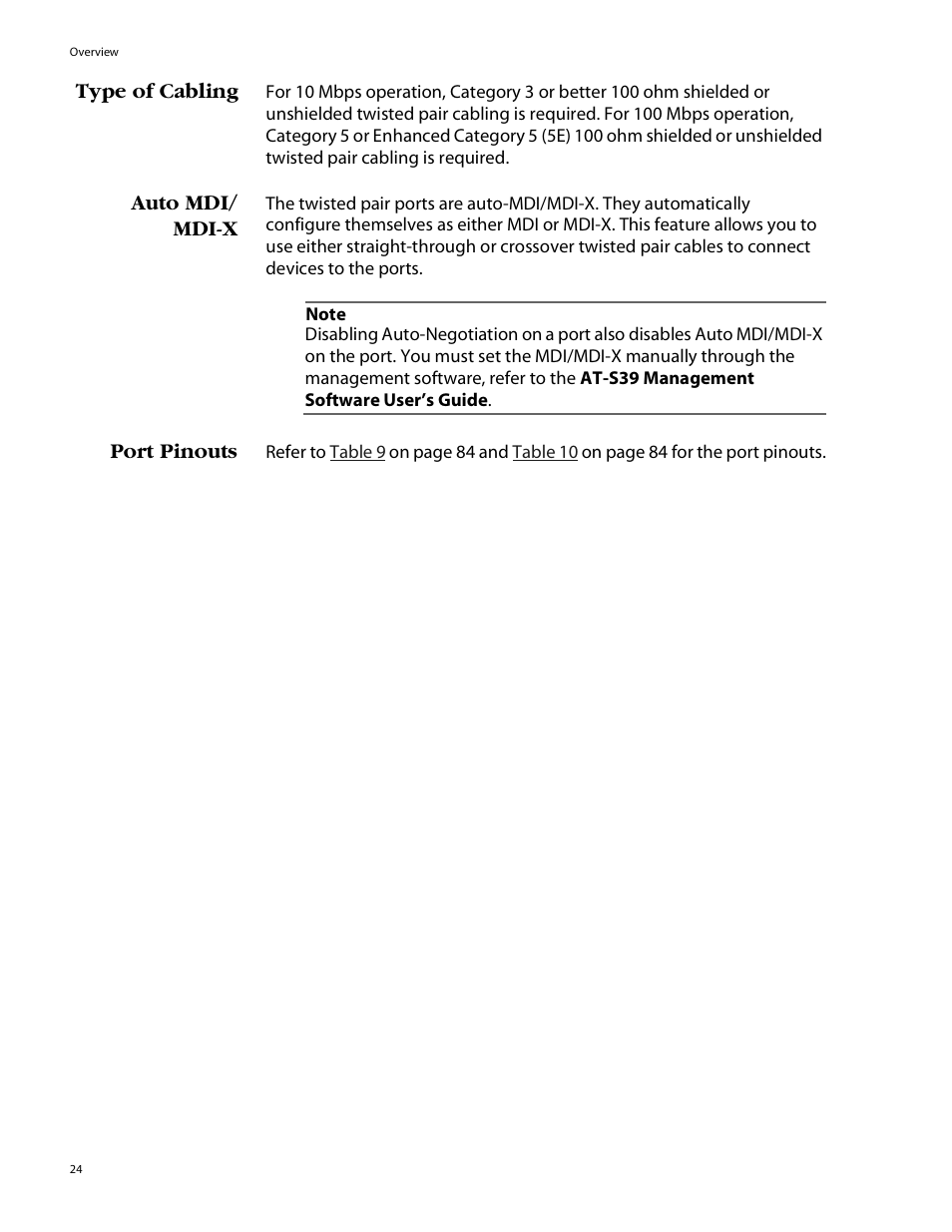 Type of cabling, Auto mdi/ mdix, Port pinouts | Type of cabling auto mdi/mdi-x port pinouts | Allied Telesis AT-8088/xx (MT and SC) User Manual | Page 24 / 115