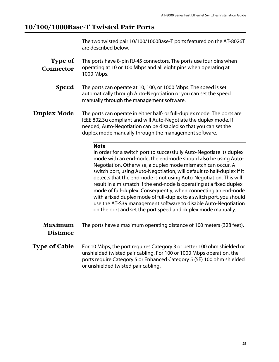 10/100/1000base-t twisted pair ports, Type of connector, Speed | Duplex mode, Maximum distance, Type of cable, 10/100/1000base-t, Twisted pair ports | Allied Telesis AT-8088/xx (MT and SC) User Manual | Page 25 / 115