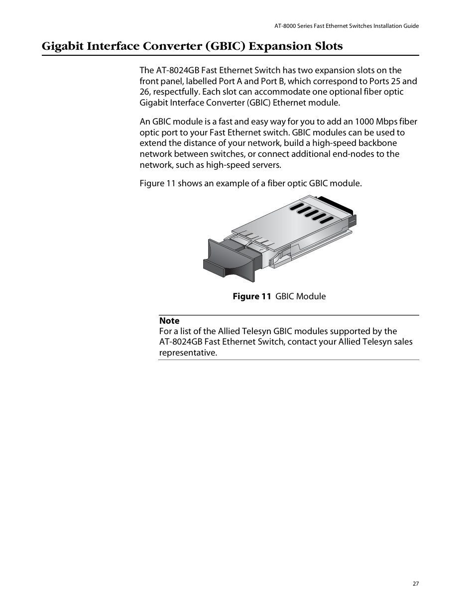 Gigabit interface converter (gbic) expansion slots, Gigabit interface, Converter (gbic) expansion slots | Allied Telesis AT-8088/xx (MT and SC) User Manual | Page 27 / 115