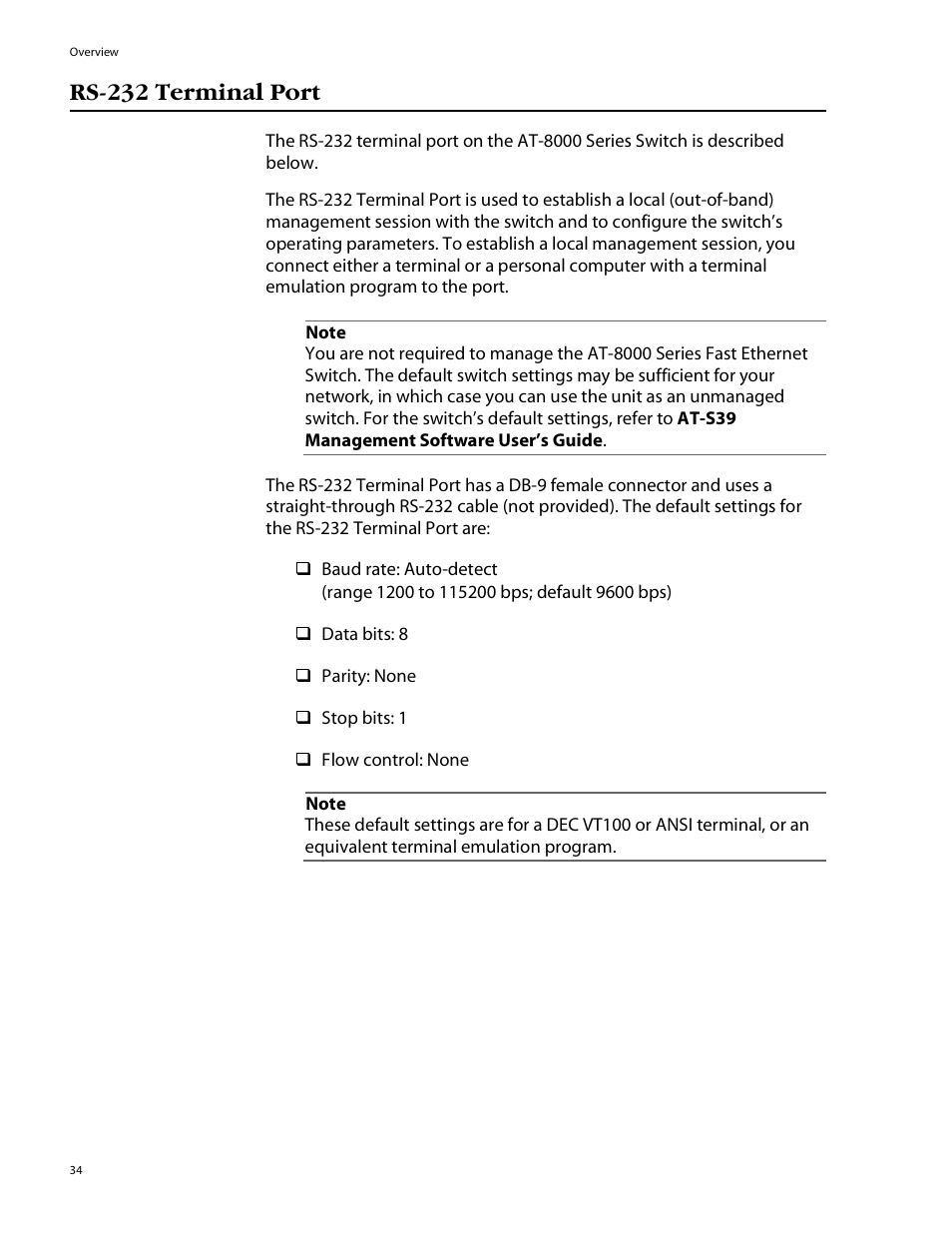Rs-232 terminal port | Allied Telesis AT-8088/xx (MT and SC) User Manual | Page 34 / 115