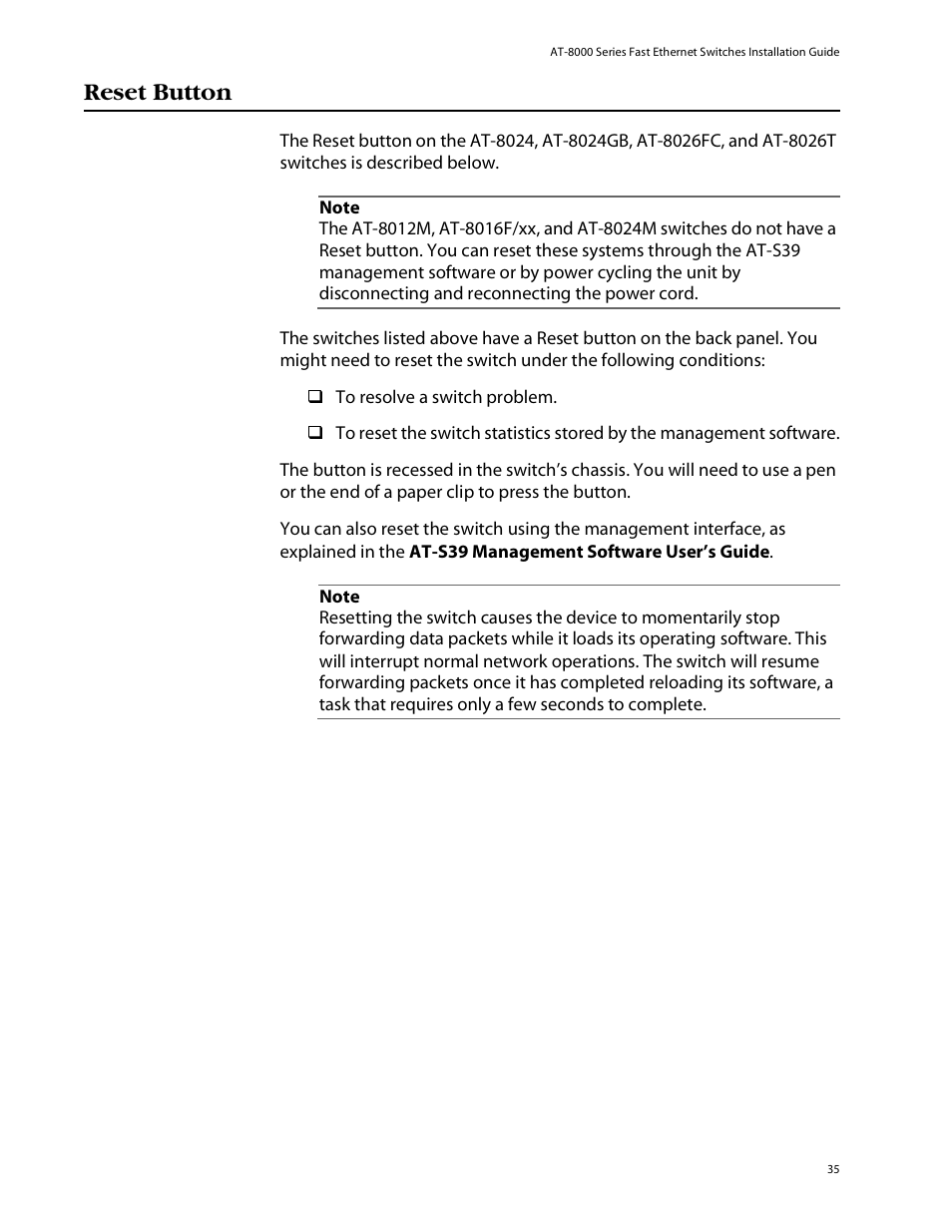 Reset button | Allied Telesis AT-8088/xx (MT and SC) User Manual | Page 35 / 115