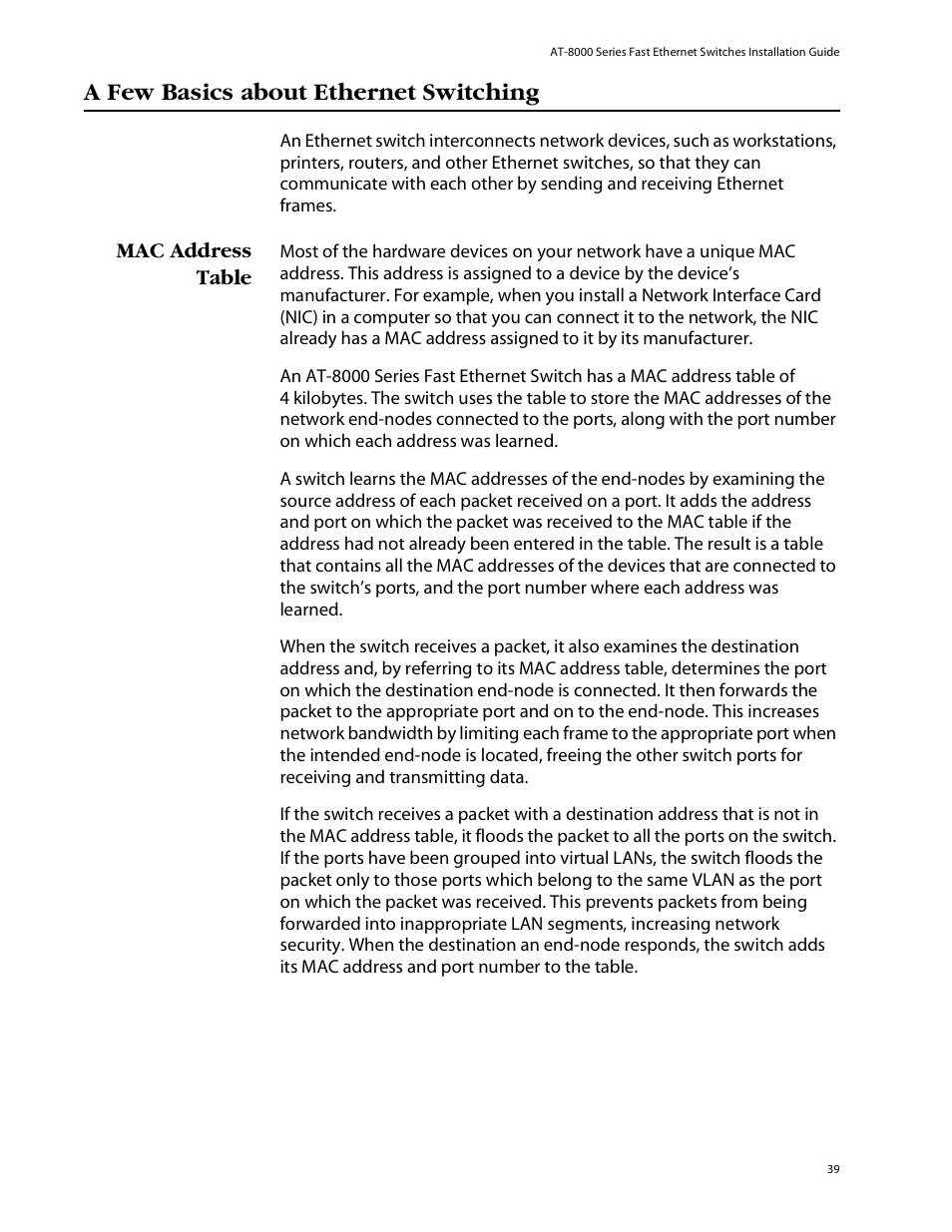 A few basics about ethernet switching, Mac address table | Allied Telesis AT-8088/xx (MT and SC) User Manual | Page 39 / 115