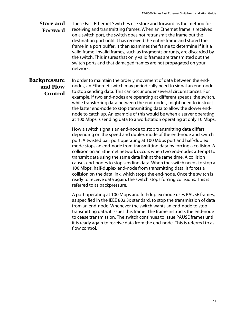 Store and forward, Backpressure and flow control, Store and forward backpressure and flow control | Allied Telesis AT-8088/xx (MT and SC) User Manual | Page 41 / 115