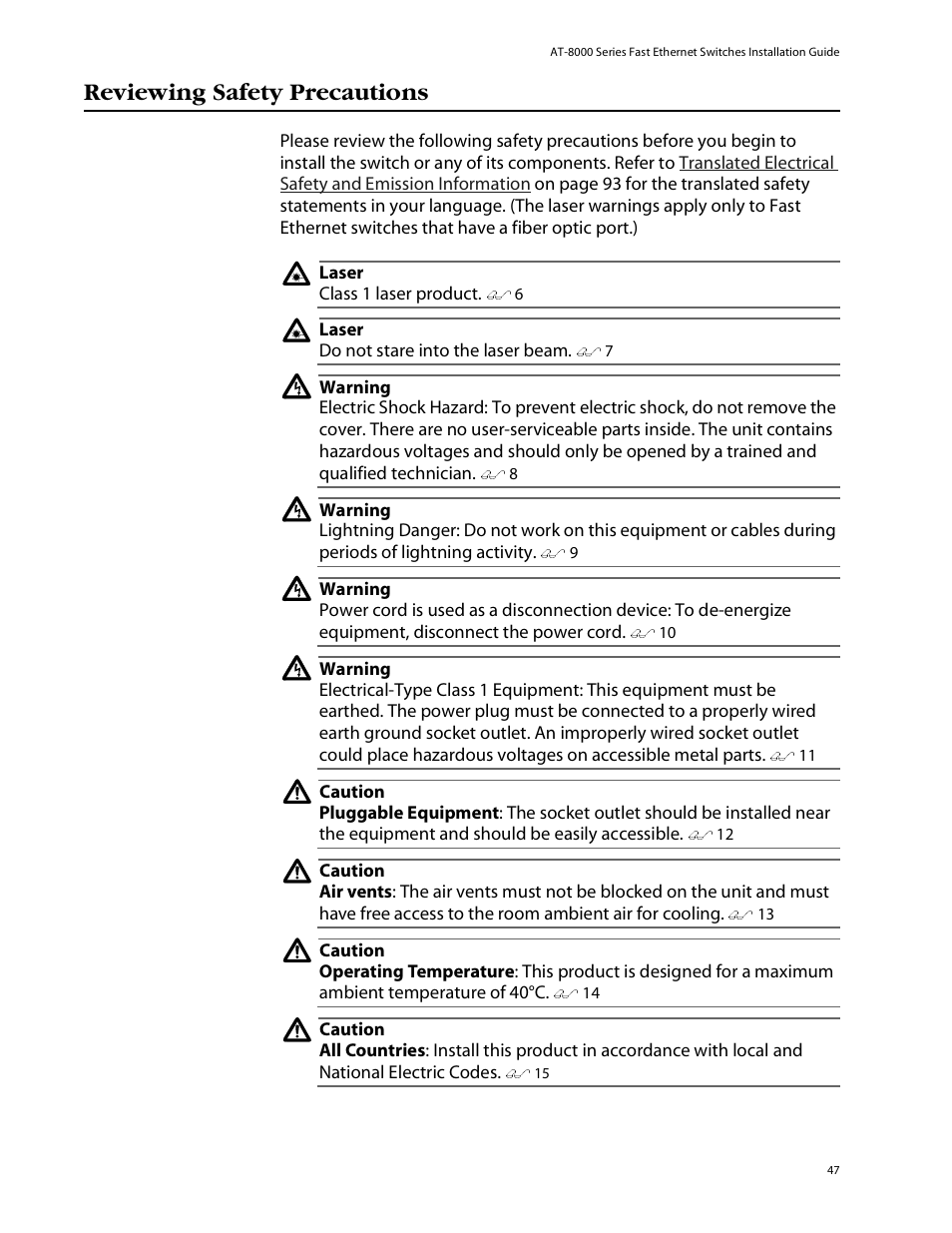 Reviewing safety precautions | Allied Telesis AT-8088/xx (MT and SC) User Manual | Page 47 / 115