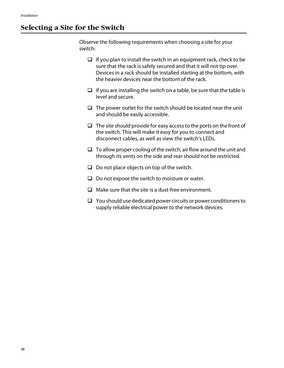 Selecting a site for the switch | Allied Telesis AT-8088/xx (MT and SC) User Manual | Page 48 / 115