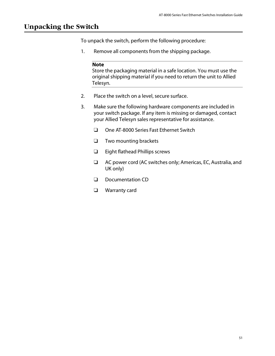 Unpacking the switch | Allied Telesis AT-8088/xx (MT and SC) User Manual | Page 51 / 115