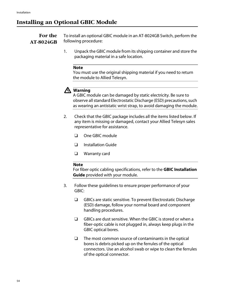 Installing an optional gbic module, For the at8024gb | Allied Telesis AT-8088/xx (MT and SC) User Manual | Page 54 / 115