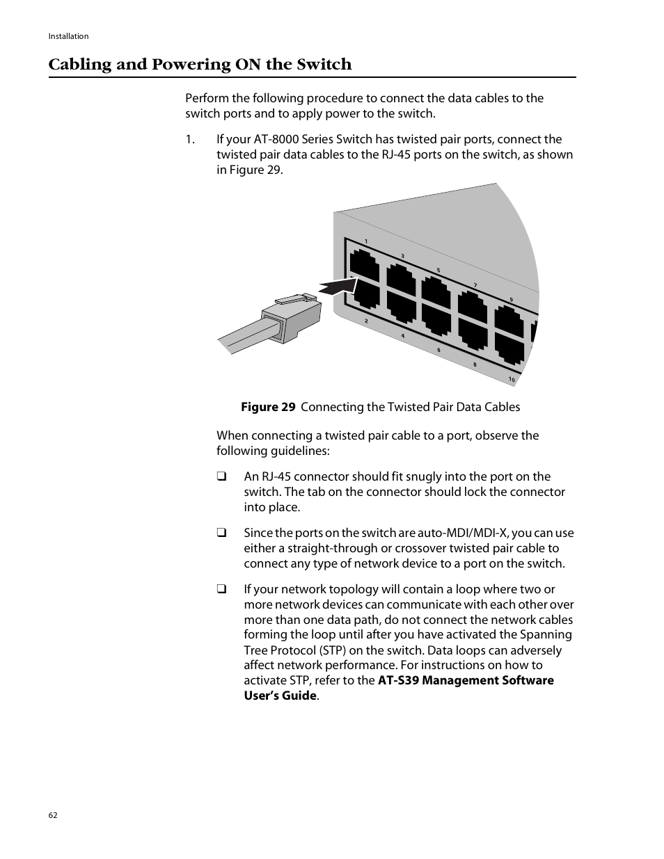 Cabling and powering on the switch | Allied Telesis AT-8088/xx (MT and SC) User Manual | Page 62 / 115