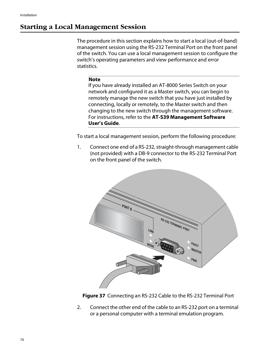 Starting a local management session, Starting a local, Management session | Allied Telesis AT-8088/xx (MT and SC) User Manual | Page 70 / 115